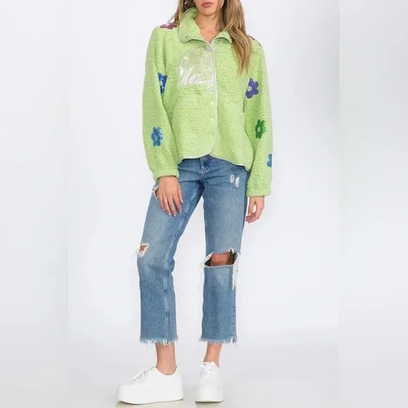 Lime Green Floral Sherpa Jacket - NWOT - Size Medium - Picture 1 of 3